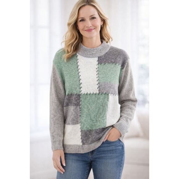Alfred Dunner Sweaters - Alfred Dunner Patchwork Knit Sweater Green Gray Size XL